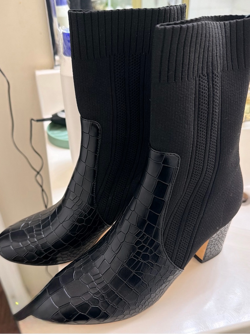 Anne Fontaine Black Croc-Embossed Sock Ankle Boots